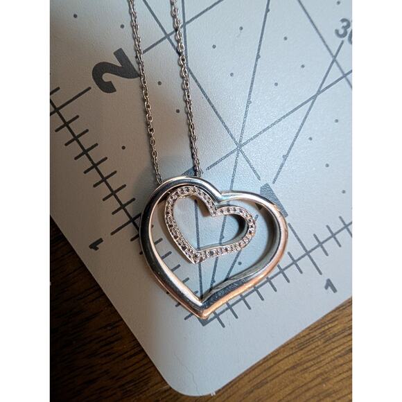 Sterling Silver 925 Double Heart Pendant Necklace 18" - Picture 7 of 8